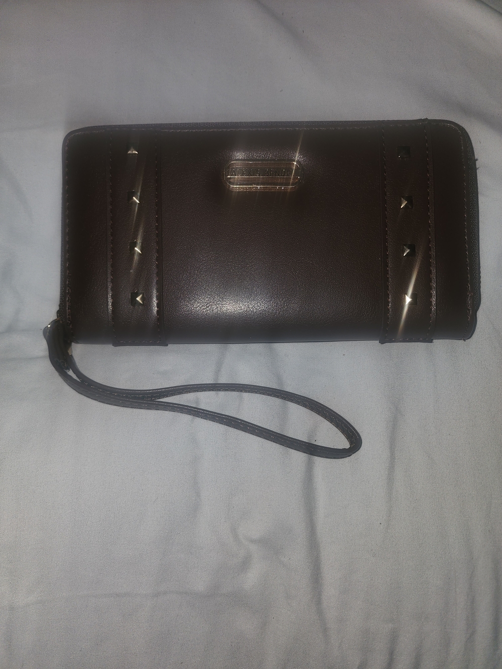 Alexis Bendel Brown Leather Wristlet Wallet with Stud Accents